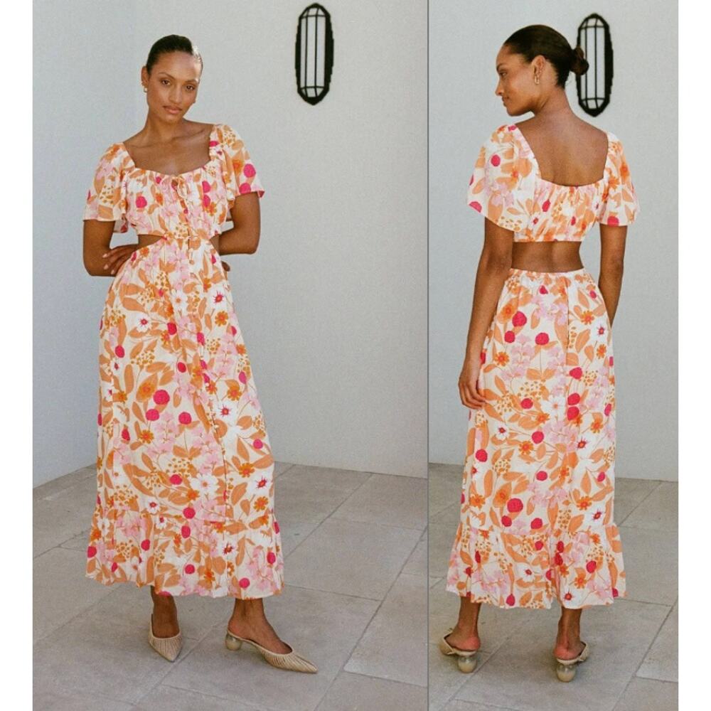 Sabo Katana Midi Dress M Orange Pink Ruffle Sleeve Lined Open Back Floral Cutout